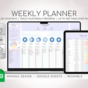 Planificador digital Hoja de cálculo Hojas de cálculo de Google Planificador semanal Planificador de horario diario Rastreador de tareas Lista de tareas Lista de verificación diaria Planificador de hábitos
