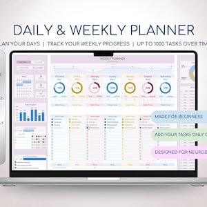 Planificador semanal, horario diario, planificador, seguimiento de tareas/lista de tareas pendientes, lista de verificación diaria, planificador de hábitos/agenda mensual digital, Hojas de cálculo de Google