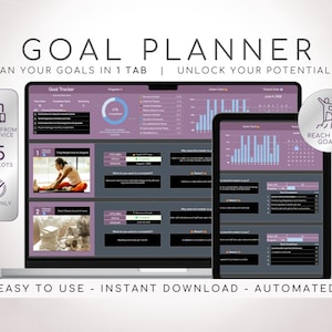 Puede incluir: Un planificador de objetivos digital que se muestra en una computadora portátil y una tableta. Las pantallas muestran una interfaz púrpura y blanca con gráficos y texto. La imagen incluye el texto "GOAL PLANNER" y "PLAN YOUR GOALS IN 1 TAB".