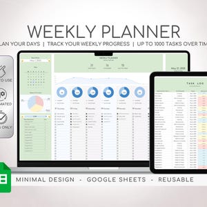 Planificador semanal, hoja de cálculo de Google Sheets, planificador digital, planificador diario, seguimiento de tareas, lista de tareas, lista de verificación diaria, planificador de hábitos 2025