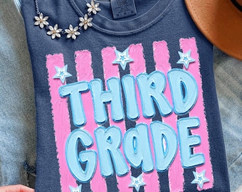 Retro Striped Third Grade Teacher Shirt, Back To School Gift, Handpainted 3rd Grade Tshirt, Elementary School Tee