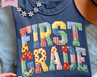 First Grade Teacher Faux Patchwork Shirt, Back To School Gift, 1st Grade Teacher T-shirt, Teacher Team Tee