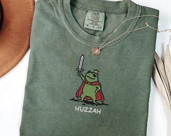 Embroidered Huzzah Frog with Sword Shirt, Funny DnD T-shirt, Renaissance Faire Frog Gift