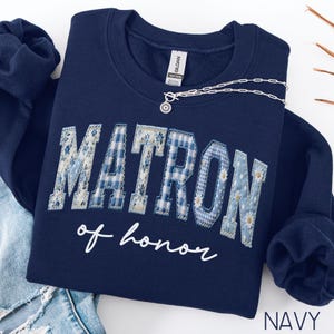 Sweat-shirt matrone d'honneur en toile bleu, cadeau de douche nuptiale, pull de la mariée de l'équipe, col rond proposition du ministère de la Santé
