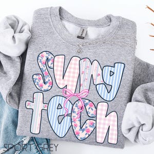 May include: A gray sweatshirt with the words "SUNY TECH" in a colorful design. The letters are decorated with floral, striped, and gingham patterns in pink and blue. A pink bow is centered below the letters.