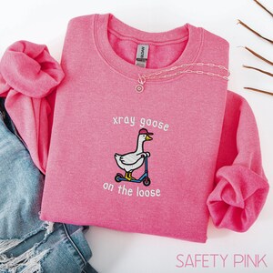 K&ouml;nnte beinhalten: Ein pinkfarbenes Sweatshirt mit dem Text "xray goose on the loose" und einer Illustration einer Gans auf einem Roller. Eine silberne Halskette mit Anh&auml;nger liegt auf dem Sweatshirt. Das Sweatshirt ist auf einer Jeans gefaltet.