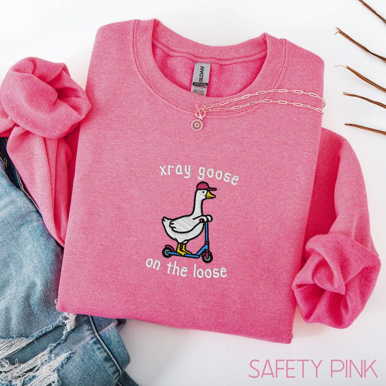 K&ouml;nnte beinhalten: Ein pinkfarbenes Sweatshirt mit dem Text "xray goose on the loose" und einer Illustration einer Gans auf einem Roller. Eine silberne Halskette mit Anh&auml;nger liegt auf dem Sweatshirt. Das Sweatshirt ist auf einer Jeans gefaltet.