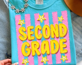 Retro Striped Second Grade Teacher Shirt, Back To School Gift, Handpainted 2nd Grade Tshirt, Elementary School Tee