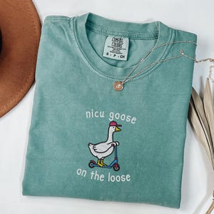 Peut inclure: Un t-shirt Comfort Colors vert d'eau avec l'inscription brod&eacute;e "nicu goose on the loose" et une oie sur un scooter. Le t-shirt a un col rond et des manches courtes. Un collier en or avec un pendentif est drap&eacute; sur le t-shirt.