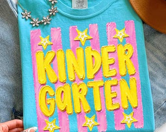 Retro Striped Kindergarten Teacher Shirt, Back To School Gift, Handpainted Kindergarten Tshirt, Kindergarten Squad Tee