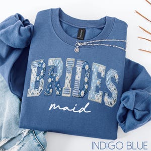 Bridesmaid Blue Toile Faux Patchwork Sweatshirt, Bridal Party Gift, Floral Engagement Crewneck, Team Bride Sweater