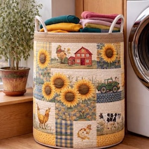 Quilted Laundry Basket, Farmhouse Storage Bin, Sunflower Patchwork Basket, Laundry Organization, Vintage Style Storage, Rustic Home Decor