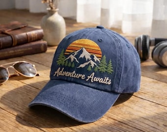 Adventure Awaits Embroidered Hat, Vintage Mountain Cap, Outdoor Hiking Dad Hat, Nature Sunset Baseball Cap, Travel Gift