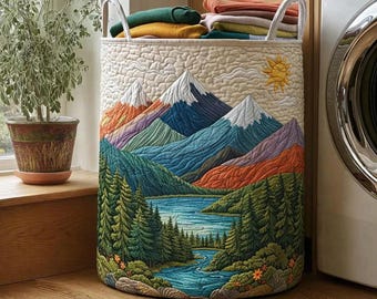 山岳風景キルティングランドリーバスケット、折りたたみ式収納ボックス、風景画風ホームデコレーションオーガナイザー、寝室・子供部屋用バスケット、ギフトアイデア