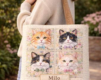 猫のキルティングトートバッグ（名入れ可）、猫好きへのカスタムギフト、花柄の猫パッチワークトート、かわいいペット用トートバッグ、猫好きママへのギフト