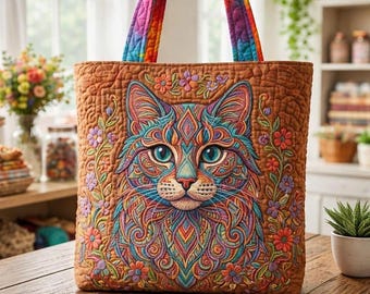 カラフルな猫のキルティングトートバッグ、花柄デザイン、レインボーハンドル、ボヘミアンスタイル、布製ハンドバッグ、職人技のバッグ、ハンドメイドバッグ、ユニークなギフトアイデア