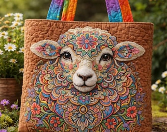 キルティング加工の羊柄トートバッグ、カラフルなマンダラ模様、レインボーハンドル、花柄刺繍、素朴なキャンバスバッグ、動物好きへのギフト