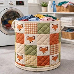 Fox Quilted Laundry Basket, Woodland Fabric Storage Bin, Forest Animal Laundry Hamper, Nursery Storage Basket, Cottagecore Home Decor Gift