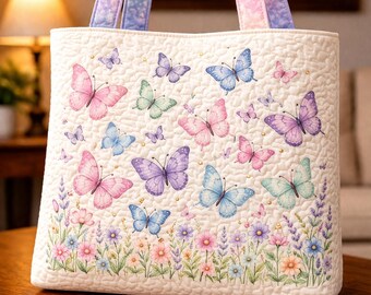 カラフルな蝶のキルティングトートバッグ、コテージコア風の花柄トートバッグ、手作りの布製ショルダーバッグ、春夏のトートバッグギフト（お母さんへのプレゼント）