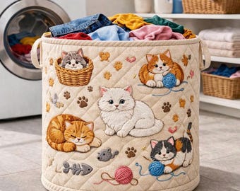 猫柄キルティングランドリーバスケット、布製ランドリーハンパー、かわいい猫柄収納バスケット、衣類整理ボックス、ペット好きへのホームデコレーションギフト