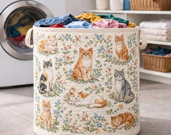 猫柄キルティングランドリーバスケット、布製衣類ハンパー、かわいい猫柄収納バスケット、ペット好きのためのホームデコレーション、猫好きへのギフト