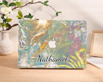 Koi Fish and Flowers Personalized 2024 Macbook Case, Air 11 13 15 Pro 14 16 Cover, 13"/14"/15"/16" Inch Sleeve, Laptop Custom Name Text Case