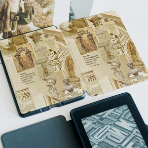 May include: A black e-reader with a decorative cover featuring a collage of classical architectural elements, including columns, arches, and sculptures. The cover has a sepia tone and includes the text "Maybe, true happiness is when we are happy with ourselves. -faraway."