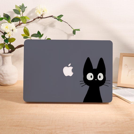 Gray Cute Black Cat  Personalized 2024 Macbook Case, Air 11 13 15 Pro 14 16 Cover, 13"/14"/15"/16" Inch Sleeve, Laptop Custom Name Text Case