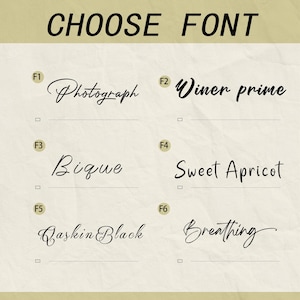 May include: A beige background with the text "CHOOSE FONT" in black. Below, six font options are displayed, each with a sample word and a corresponding label: Photograph, Winer prime, Bique, Sweet Apricot, Baskin Black, and Breathing.