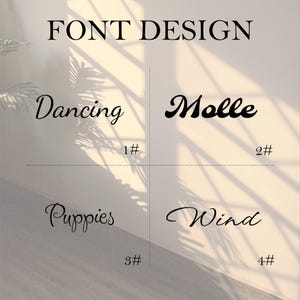 May include: Font design image featuring four different font styles: Dancing, Molle, Puppies, and Wind. The fonts are displayed in black against a neutral background with shadows. Each font is labeled with a number.