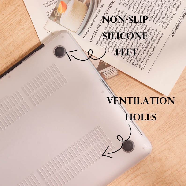 May include: A clear, protective laptop case with ventilation holes and non-slip silicone feet. The case is designed to provide protection while allowing for airflow. The text "VENTILATION HOLES" and "NON-SLIP SILICONE FEET" are visible.