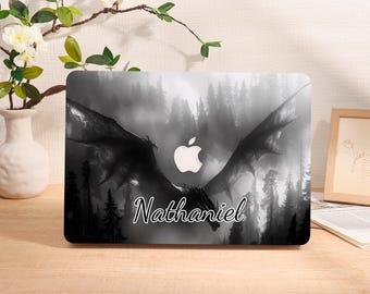 Personalized Dragon Macbook Case: Misty Forest Design, Custom Text