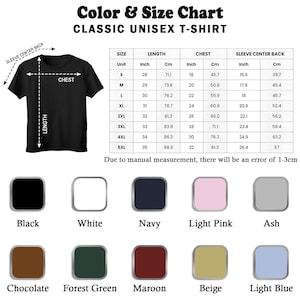 K&ouml;nnte beinhalten: Gr&ouml;&szlig;entabelle f&uuml;r ein Unisex-T-Shirt mit Ma&szlig;en in Zoll und Zentimetern. Die Tabelle zeigt die Gr&ouml;&szlig;en, L&auml;ngen, Brustweiten und &Auml;rmelr&uuml;ckenl&auml;ngen f&uuml;r die Gr&ouml;&szlig;en S bis 5XL. Die Tabelle enth&auml;lt auch eine Farbpalette mit 10 verschiedenen Farben.