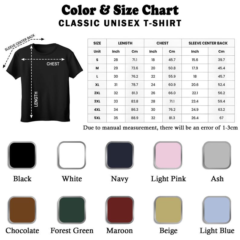 K&ouml;nnte beinhalten: Gr&ouml;&szlig;entabelle f&uuml;r ein Unisex-T-Shirt mit Ma&szlig;en in Zoll und Zentimetern. Die Tabelle zeigt die Gr&ouml;&szlig;en, L&auml;ngen, Brustweiten und &Auml;rmelr&uuml;ckenl&auml;ngen f&uuml;r die Gr&ouml;&szlig;en S bis 5XL. Die Tabelle enth&auml;lt auch eine Farbpalette mit 10 verschiedenen Farben.