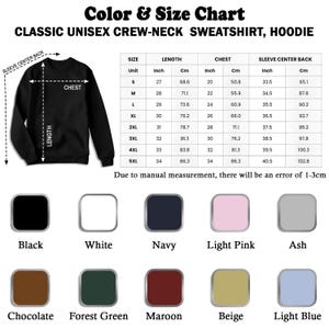 K&ouml;nnte beinhalten: Gr&ouml;&szlig;entabelle f&uuml;r einen Unisex-Sweatshirt oder Hoodie mit Rundhalsausschnitt. Die Tabelle zeigt die Ma&szlig;e in Zoll und Zentimetern f&uuml;r die Gr&ouml;&szlig;en S bis 5XL. Die Tabelle enth&auml;lt die Ma&szlig;e f&uuml;r L&auml;nge, Brustumfang und &Auml;rmell&auml;nge. Die Tabelle enth&auml;lt auch eine Farbtabelle mit 10 verschiedenen Farben.