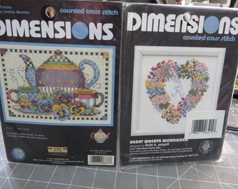 Dimensions counted cross stitch kits: Debbie Mumm pansies , Heart Wreath Monogram