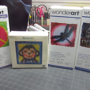 Wonderart Latch hook kits-Dragonfly,Peace sign, Police car, Monkey face