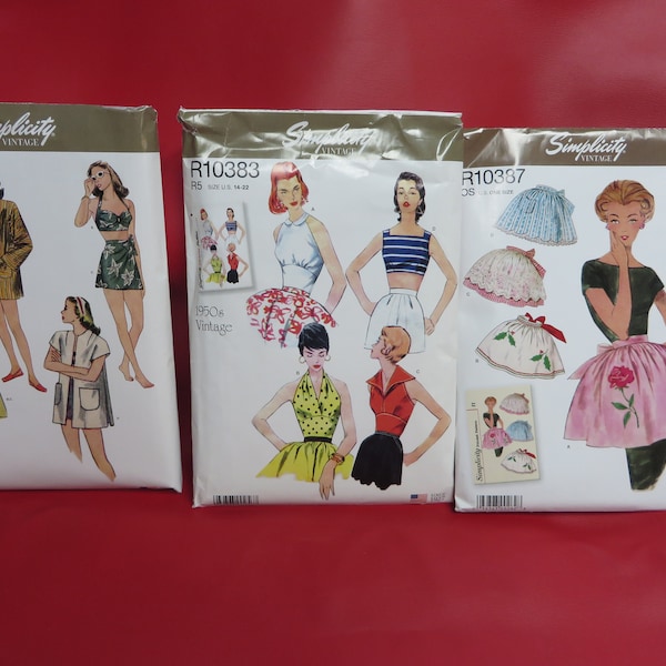 Simplicity Vintage Look Patterns: R10383 1950's halter tops, R10382 1940's swimsuits,wraps, R10383 1950's Apron