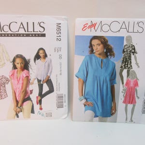 May include: Two sewing patterns for women's tops. The pattern on the left is McCall's M6512, Generation Next, and includes three different styles. The pattern on the right is Easy McCall's M6080 and includes two different styles.