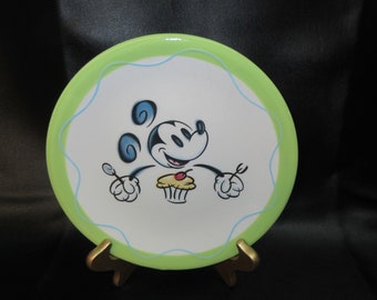 Vintage Mickey Mouse Dessert Plate, Green Trim (8 1/2 inches)
