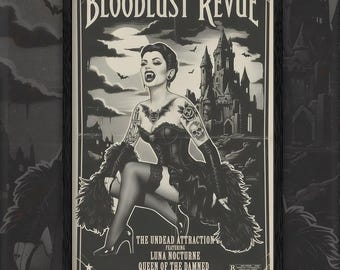 Bloodlust Revue Vintage Vampire Pinup Poster | Retro Horror Wall Art | Dark Noir