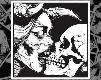 Gotisk demonkyss-klistermärke | Satanisk skräckkonst | Gotisk klistermärke | Gotisk skräckdekal | Ockult klistermärke | Mörk romantik-klistermärke