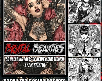 Brutal Beauties: 50 Coloring Pages of Heavy Metal Women | Digital Download | Heavy Metal Coloring Book | Tattooed Women Coloring Pages | PDF
