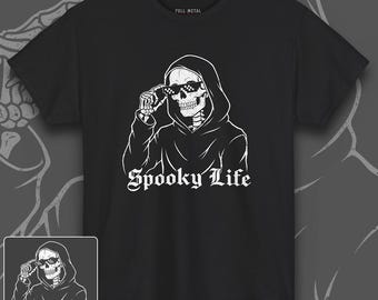 Spooky Life-T-shirt - Uniseks | Meme-shirt | Gotisch shirt met skelet | Horror-T-shirt | Grappig Halloween-shirt | Parodieshirt | Grim Reaper-T-shirt