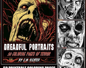 Può includere: Un download digitale di 50 pagine da colorare stampabili con illustrazioni in bianco e nero di volti spaventosi. Il titolo del libro da colorare è "Dreadful Portraits: 50 Coloring Pages of Terror by J.M. Richter".