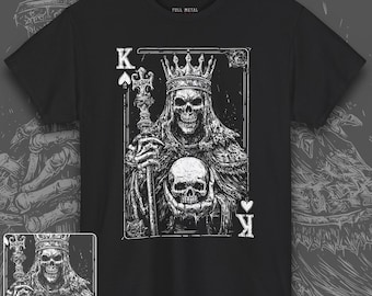 King of Spades-skelet T-shirt | Gotisch speelkaart-T-shirt | Skull King-shirt met print | Heavy Metal Dark Art-kleding | Horror-streetwear |
