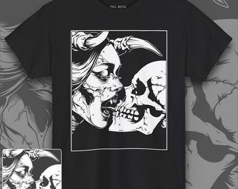 Gothic Demon Kiss T-shirt uniseks | Satanische horrorkunst | Gothic-T-shirt | Gotisch horrorshirt | Occult shirt | Donker romantisch overhemd