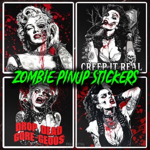 Zombie Pinup Stickers (4 Designs) | Glam Gore | Zombie Girl | Gothic Horror Sticker | Goth Zombie | Creepy Stickers | Zombie Horror Decal