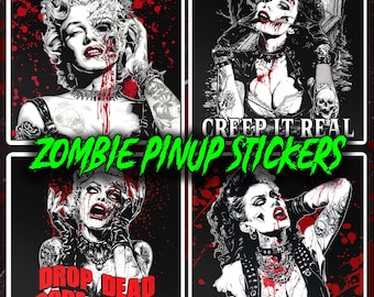 Stickers zombie pin-up (4 ontwerpen) | Glamoureuze kleding | Zombiemeisje | Gotische horrorsticker | Goth-zombie | Griezelige stickers | Sticker zombie-horror
