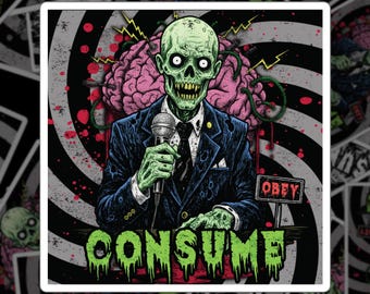 Sticker consumeren | Sticker horror scifi-zombie | Zombie-vinylsticker | Retro propagandasticker | Donkere satire | Retro-horror
